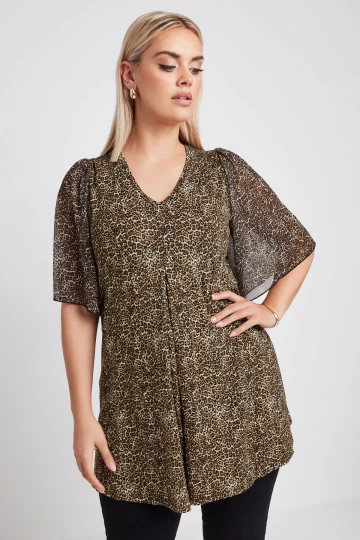 Büyük Beden V Yaka Kolları Tül Detaylı Leopar Desenli Bluz 321823
