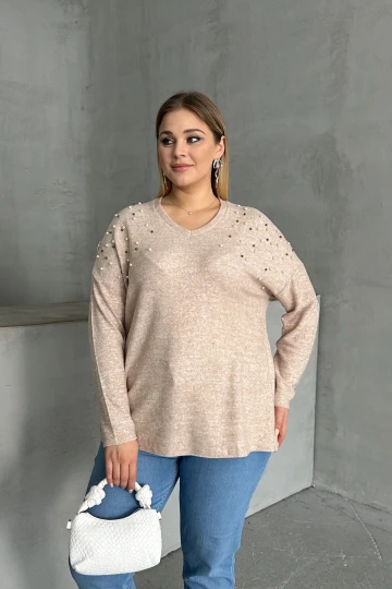 Büyük Beden V Yaka Omuz Detaylı Boncuk İşlemeli Kazak 302776