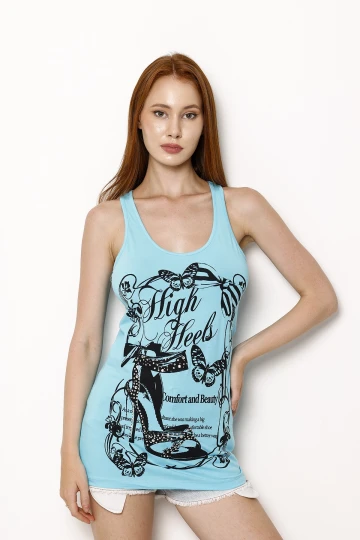 Halter Yaka Uzun Kesim Baskılı Kolsuz Bluz