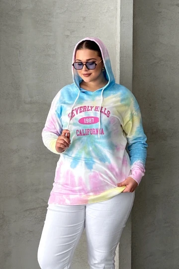 Büyük Beden Batik Desenli Kapüşonlu Baskılı İnce Sweatshirt 303144
