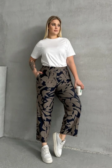 Büyük Beden Beli Lastikli Bol Paça Desenli Cepli Pantolon 74-109