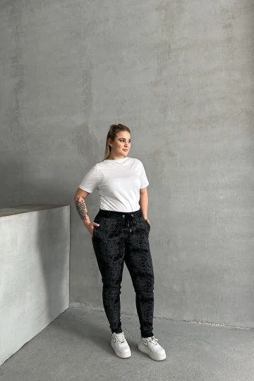 Büyük Beden Beli Büzgülü Dar Paça Cepli Desenli Pantolon 304056