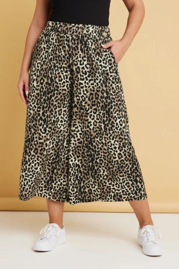 Büyük Beden Beli Lastikli Cepli Leopar Desenli Midi Bol Paça Pantolon 145267