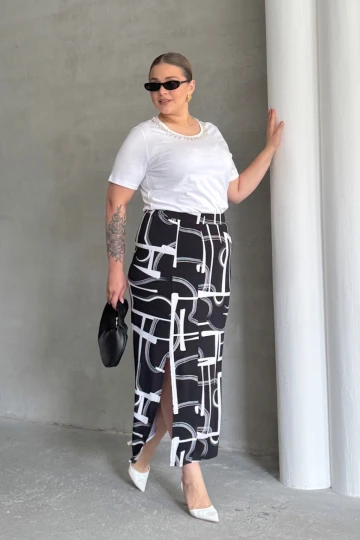 Büyük Beden Beli Lastikli Soyut Desenli Yırtmaç Detaylı Uzun Etek 98-120