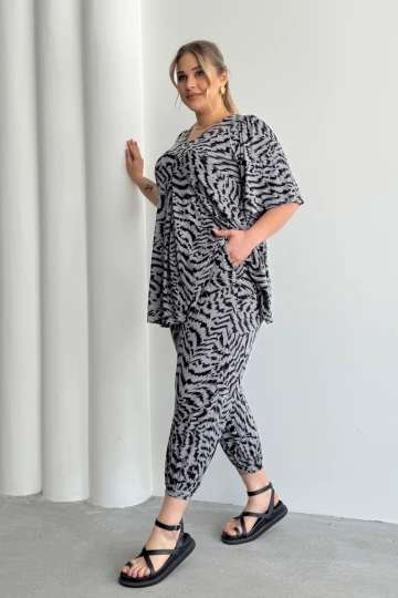 Büyük Beden Beli ve Paçası Lastikli Cepli Desenli Şalvar Pantolon 99-3