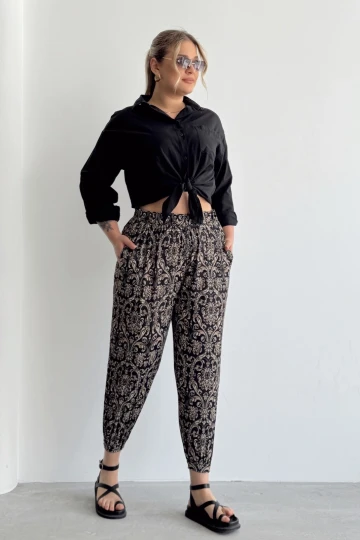 Büyük Beden Beli ve Paçası Lastikli Cepli Desenli Şalvar Pantolon 74-75