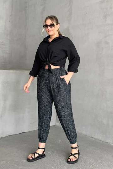 Büyük Beden Beli ve Paçası Lastikli Cepli Desenli Şalvar Pantolon 74-73