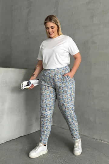 Büyük Beden Beli ve Paçası Lastikli Desenli Cepli Pantolon 303490