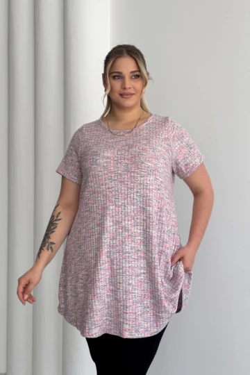 Büyük Beden Bisiklet Yaka Kısa Kollu Fitilli Kırçıllı Bluz 101-29