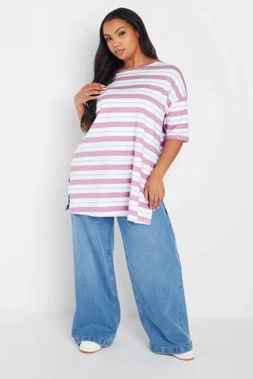 Büyük Beden Bisiklet Yaka Kısa Kollu Yanları Yırtmaçlı Çizgili T-shirt 303944