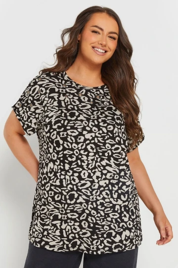 Büyük Beden Bisiklet Yaka Kuş Gözü Detaylı Desenli T-shirt 303865