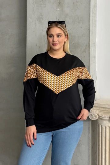 Büyük Beden Bisiklet Yaka Uzun Kollu Desenli Sweatshirt 300334