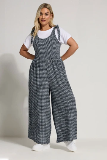 Büyük Beden Bol Paça Askıları Bağlamalı Kare Desenli Maxi Tulum 160362