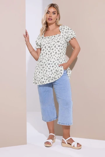 Büyük Beden Çiçek Desenli Bürümcük Kumaş Kare Yaka Kolları Fırfırlı Bluz 322661