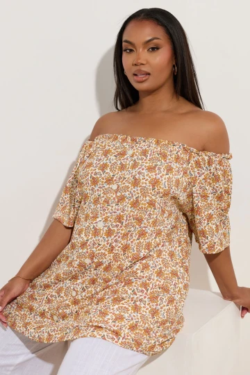 Büyük Beden Düşük Omuzlu Kısa Kollu Düğme Detaylı Desenli Bluz 322680