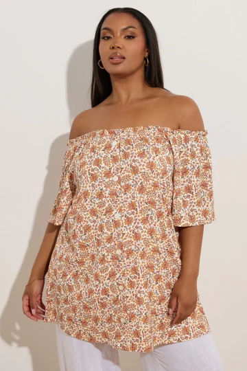 Büyük Beden Düşük Omuzlu Kısa Kollu Düğme Detaylı Desenli Bluz 322680