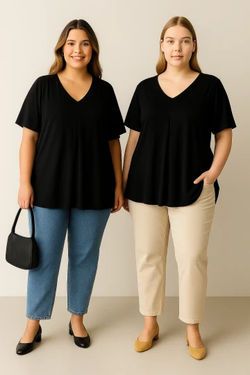 Büyük Beden İkili Paket V Yaka Desensiz Asimetrik Kesim Likralı Bluz 320315x2