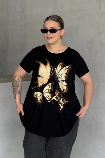 Büyük Beden Kelebek Baskılı Parlak Simli T-shirt 302275