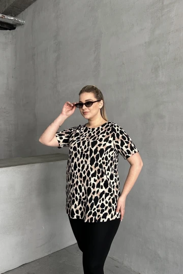 Büyük Beden Kısa Kollu Bisiklet Yaka Leopar Desenli Bluz 616006