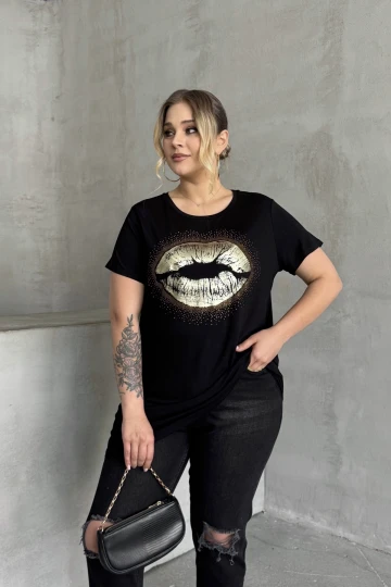 Büyük Beden Kısa Kollu Bisiklet Yaka Taş İşlemeli T-shirt 302264