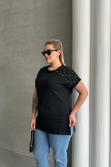 Büyük Beden Kısa Kollu Bisiklet Yaka Yanları Yırtmaçlı Boncuklu Basic T-shirt RFT-03