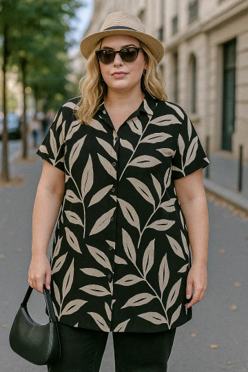 Büyük Beden Kısa Kollu Önü Düğmeli Desenli Gömlek 321855