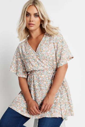 Büyük Beden Kısa Kollu V Yaka Önü Kuşaklı Desenli Eteği Bollaşan Bluz 321935