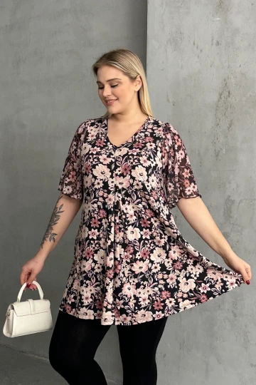 Büyük Beden Kısa Tül Kollu V Yaka Önü Pileli Bluz 321996