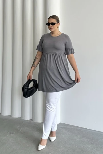 Büyük Beden Kol Detaylı Beli Lastikli Pileli Tunik T-shirt T43