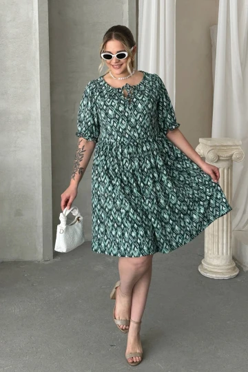 Büyük Beden Önü Bağlamalı Yarım Kollu Desenli Mini Elbise 101-8