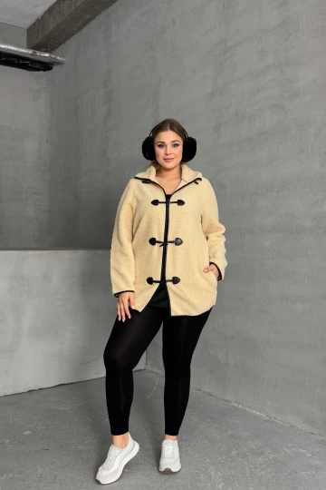 Büyük Beden Önü Kapamalı Cepli Uzun Kollu Peluş Mont 301815