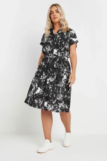 Büyük Beden Soyut Desenli Önü Düğmeli Kuşaklı Midi Boy Elbise 303330