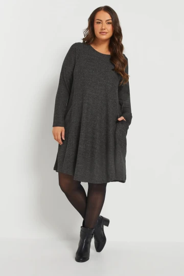 Büyük Beden Uzun Kol Bisiklet Yaka Eteği Bollaşan Cepli Elbise 270083