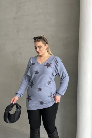 Büyük Beden Uzun Kolları Fırfırlı Yıldız Desen İşlemeli Bluz 301234