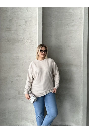 Büyük Beden Uzun Kollu Beli Lastikli Bisiklet Yaka Fitilli Kazak 615140