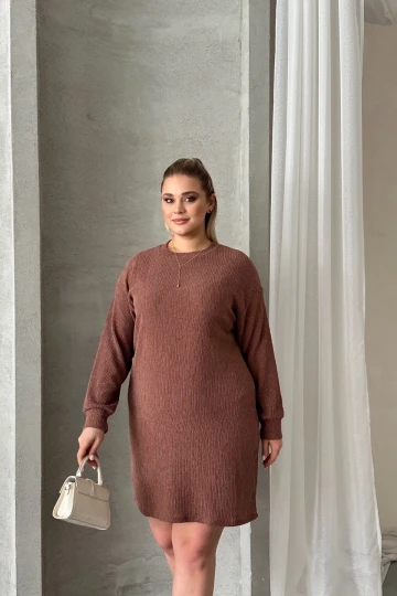 Büyük Beden Uzun Kollu Bisiklet Yaka Düz Kesim Elbise 100-189