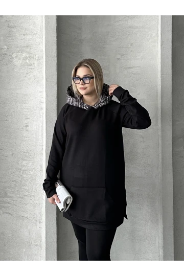 Büyük Beden Uzun Kollu Kapüşonlu Kanguru Cepli Yanları Yırtmaçlı Sweatshirt 300372