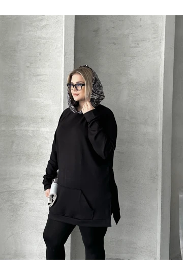 Büyük Beden Uzun Kollu Kapüşonlu Kanguru Cepli Yanları Yırtmaçlı Sweatshirt 300372