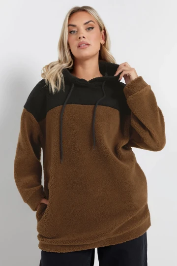 Büyük Beden Uzun Kollu Kapüşonlu ve Cepli Peluş Sweatshirt 303794