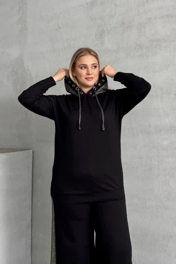 Büyük Beden Uzun Kollu Kapüşonu Desenli Beli Lastikli Sweatshirt 106-73