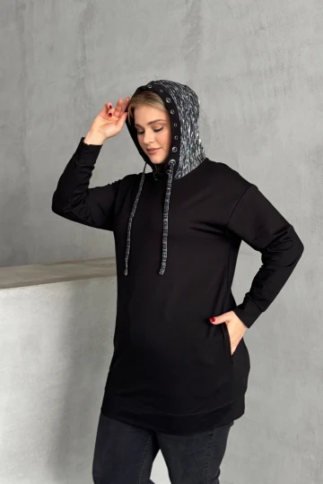 Büyük Beden Uzun Kollu Kapüşonu Desenli Cepli Sweatshirt 106-92