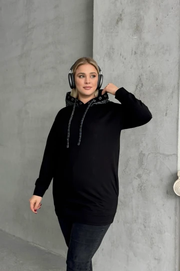 Büyük Beden Uzun Kollu Kapüşonu Desenli Cepli Sweatshirt 106-92
