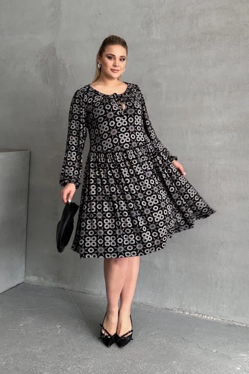 Büyük Beden Uzun Kollu Yakası Bağlamalı Eteği Pileli Elbise 100-75