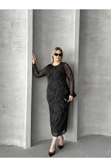 Büyük Beden Uzun Tül Kol Astarlı Mesh Midi Elbise 216292