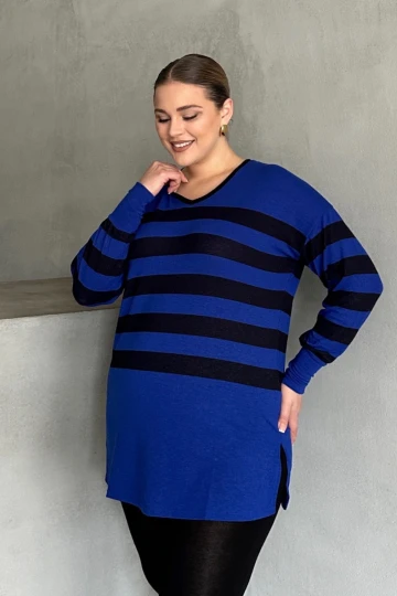 Büyük Beden V Yaka Çizgili Yırtmaç Detaylı İnce Kumaşlı Uzun Bluz 301567