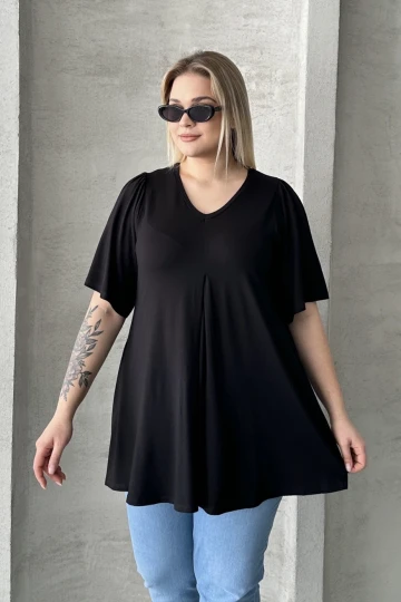 Büyük Beden V Yaka Desensiz Asimetrik Kesim Likralı Bluz 320315