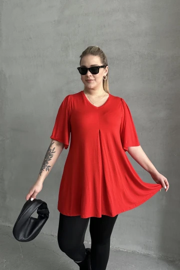 Büyük Beden V Yaka Desensiz Asimetrik Kesim Likralı Bluz MDL-5