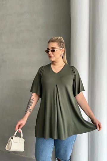 Büyük Beden V Yaka Desensiz Asimetrik Kesim Likralı Bluz MDL-4