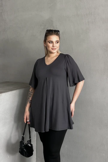 Büyük Beden V Yaka Desensiz Asimetrik Kesim Likralı Bluz MDL-3