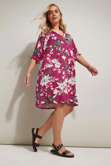 Büyük Beden V Yaka Kısa Kollu Çiçek Desenli Mini Elbise 304079